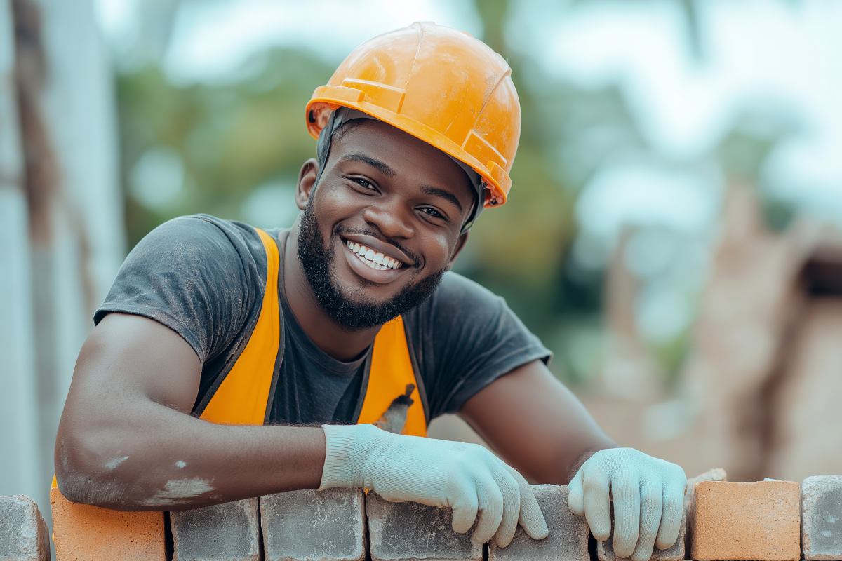 Das Bild zeigt einen fröhlichen Bauarbeiter mit einem strahlenden Lächeln. Er trägt einen orangefarbenen Schutzhelm, eine orange Sicherheitsweste über einem grauen T-Shirt und weiße Arbeitshandschuhe. Der Mann lehnt sich entspannt über eine Reihe von Ziegelsteinen, die er offenbar gerade verlegt. Seine Arme sind staubig von der Arbeit. Im unscharfen Hintergrund ist eine Baustelle oder urbane Umgebung zu erkennen. Das Bild vermittelt eine positive, arbeitsfreudige Atmosphäre und zeigt einen zufriedenen Handwerker bei seiner Tätigkeit.