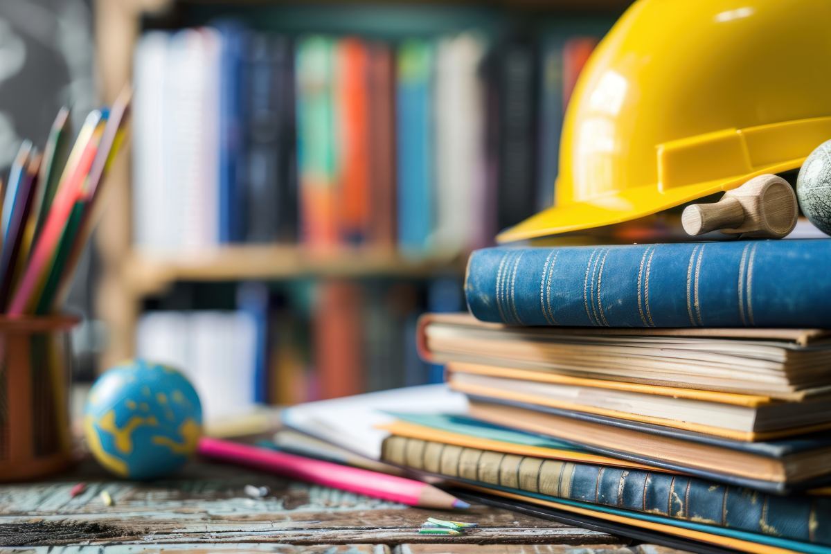Das Bild zeigt einen Arbeitsplatz oder Schreibtisch mit Lernmaterialien. Im Vordergrund liegt ein Stapel verschiedener Bücher, darunter ein auffälliges blaues Buch mit goldenen Verzierungen. Darauf ruht ein gelber Schutzhelm mit einem Holzgriff (vermutlich von einem Werkzeug). Links im Bild steht ein Stiftehalter mit bunten Stiften, dahinter ist ein kleiner Globus zu erkennen. Im unscharfen Hintergrund sind Bücherregale mit vielen bunten Büchern zu sehen. Die Szene vermittelt eine Atmosphäre des Lernens und der Bildung, möglicherweise in einem Studien- oder Arbeitsumfeld, das sowohl akademische als auch praktische Tätigkeiten kombiniert.