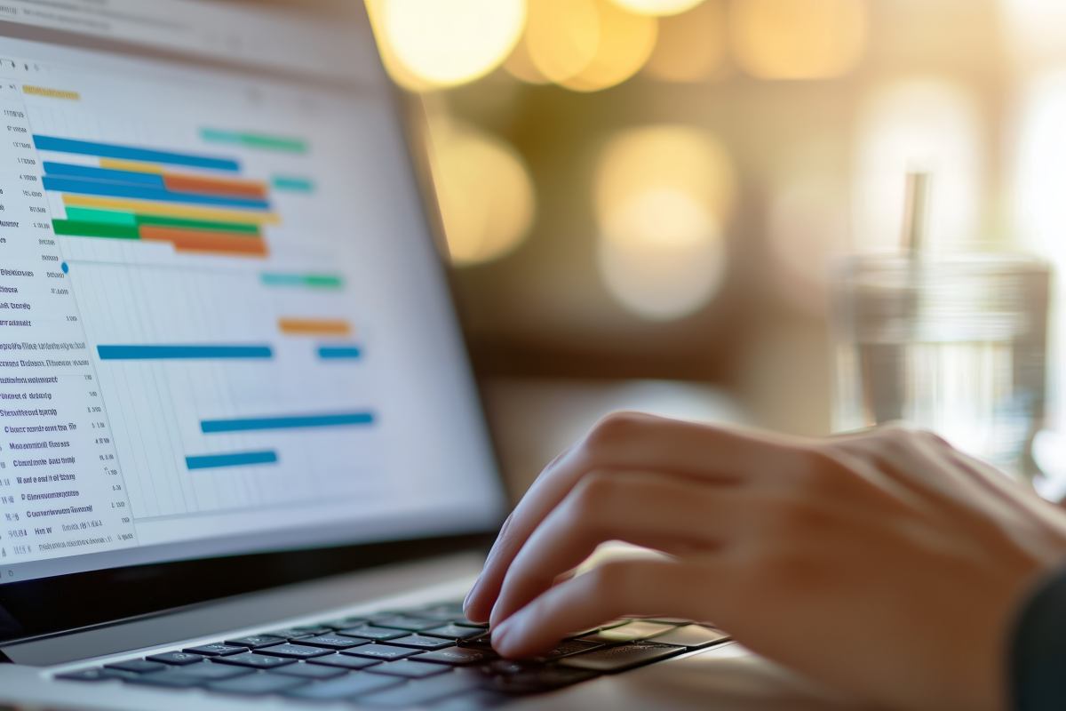 Das Bild zeigt eine Person, die an einem Laptop arbeitet und bunte Datendiagramme auf dem Bildschirm betrachtet. Zu sehen sind horizontale Balkendiagramme in verschiedenen Farben (blau, grün, orange), die verschiedene Kategorien oder Projekte darstellen. Die Hände der Person ruhen auf der Tastatur, als würde sie gerade an der Datenanalyse arbeiten. Im unscharfen Hintergrund sind warme, goldene Lichteffekte zu erkennen, die eine gemütliche Arbeitsatmosphäre schaffen. Die Szene vermittelt den Eindruck von Datenanalyse, Projektmanagement oder Business Intelligence-Arbeit.