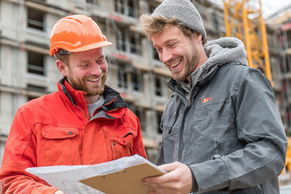 Zwei Männer auf einer Baustelle schauen gemeinsam auf einen Bauplan. Einer trägt einen orangefarbenen Schutzhelm und Arbeitskleidung, der andere eine graue Jacke mit Kapuze. Beide lachen – die Szene wirkt kollegial und zeigt ein Gespräch im Handwerkskontext.