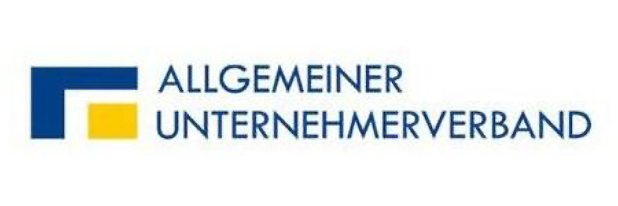 Logo des Allgemeinen Unternehmerverbandes. Links ist ein grafisches Symbol mit einem blauen Winkel und einem gelben Quadrat. Rechts daneben steht in Großbuchstaben: „ALLGEMEINER UNTERNEHMERVERBAND“.