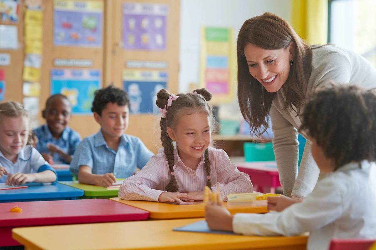 Grundschulkinder sitzen an bunten Tischen in einem Klassenzimmer. Eine Lehrerin beugt sich lächelnd zu zwei Kindern. Im Hintergrund sind weitere Kinder und bunte Lernposter an der Wand zu sehen.