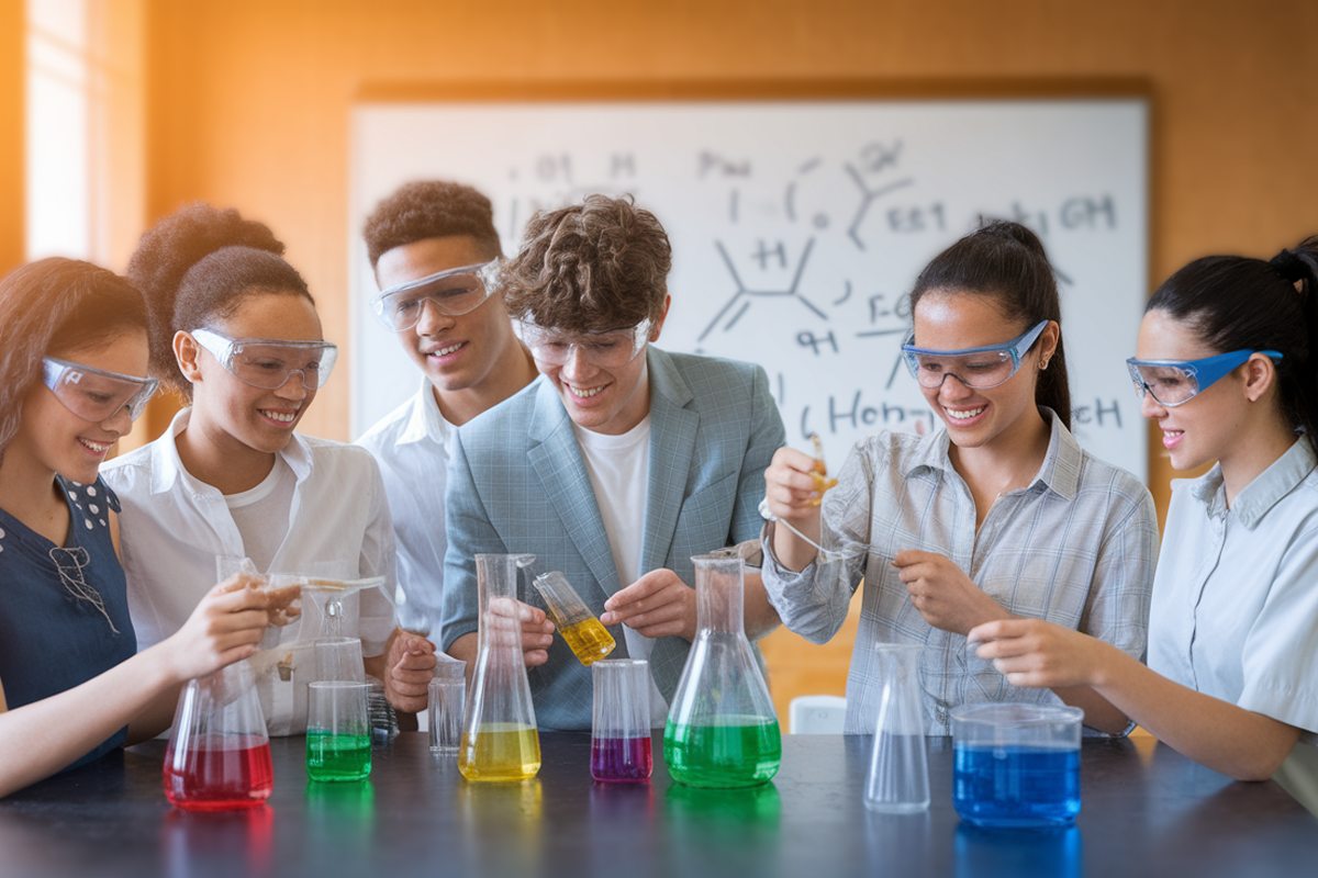 Eine Gruppe Jugendlicher führt in einem Klassenraum ein Experiment durch. Sie tragen Schutzbrillen und arbeiten mit bunten Flüssigkeiten in verschiedenen Laborgefäßen. Im Hintergrund ist eine Tafel mit chemischen Formeln zu sehen.