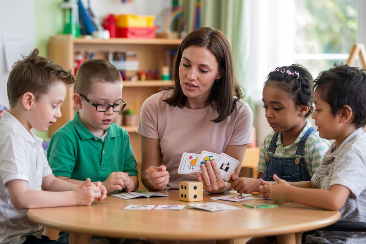 Eine Lehrkraft sitzt mit vier Kindern an einem kleinen Tisch und arbeitet mit Bildkarten. Die Kinder schauen auf den Tisch, wo Lernmaterialien wie Karten und ein Würfel liegen. Im Hintergrund sieht man Regale mit Spielmaterialien sowie ein Fenster.