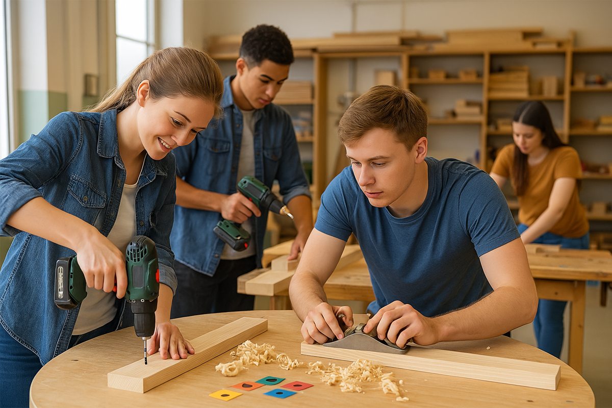 Vier junge Erwachsene arbeiten konzentriert in einer Holzwerkstatt. Im Vordergrund bohrt eine junge Frau in ein Holzbrett, während ein junger Mann daneben ein Stück Holz bearbeitet. Im Hintergrund sind zwei weitere Personen mit Akkuschraubern und Werkstücken beschäftigt. Der Raum ist hell, mit großen Fenstern und Regalen voller Holzmaterialien.