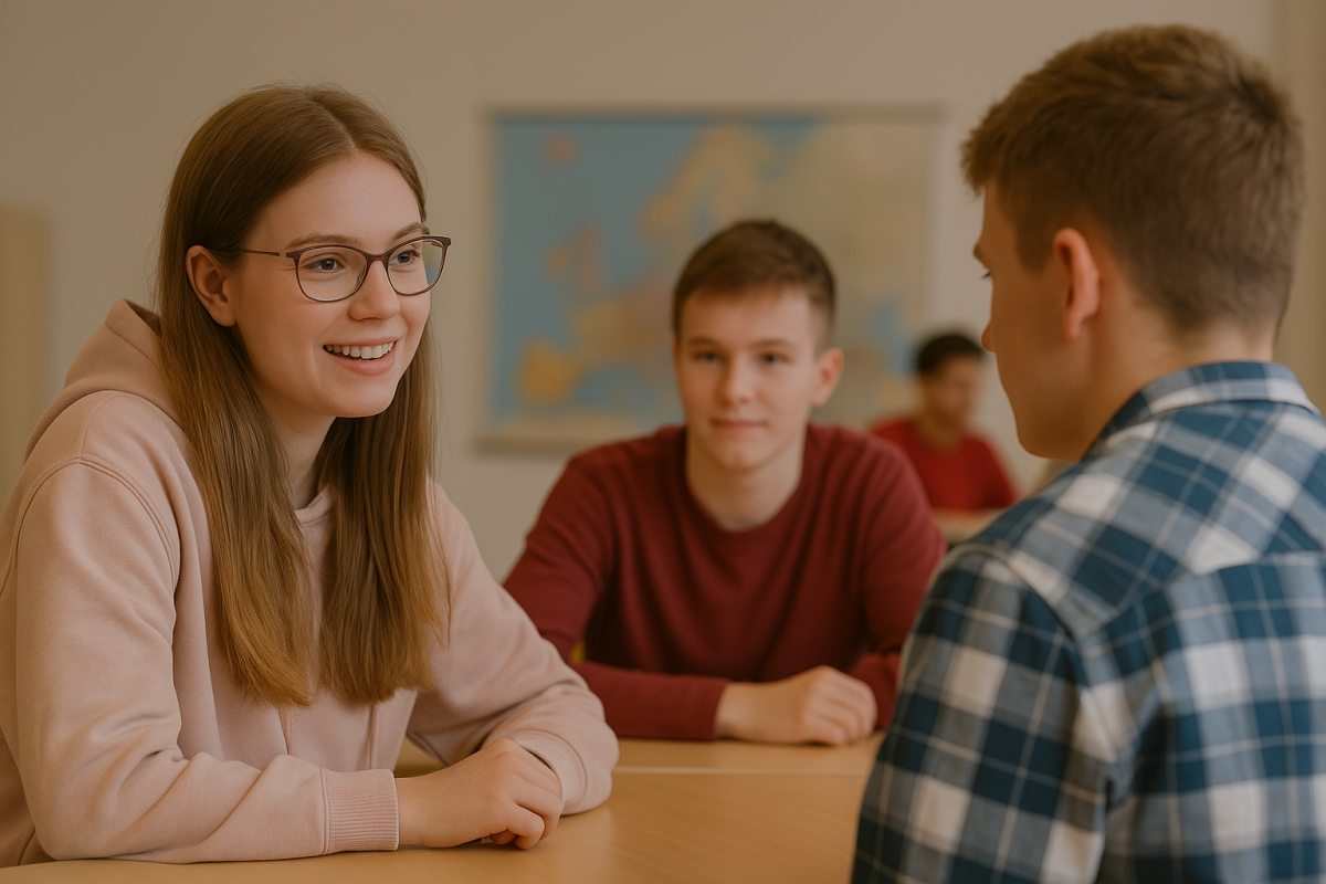 Drei Jugendliche sitzen an einem Tisch in einem Klassenraum. Eine Schülerin mit Brille im Vordergrund lächelt, zwei Schüler sehen sie an. Im Hintergrund ist eine unscharfe Weltkarte an der Wand zu erkennen.