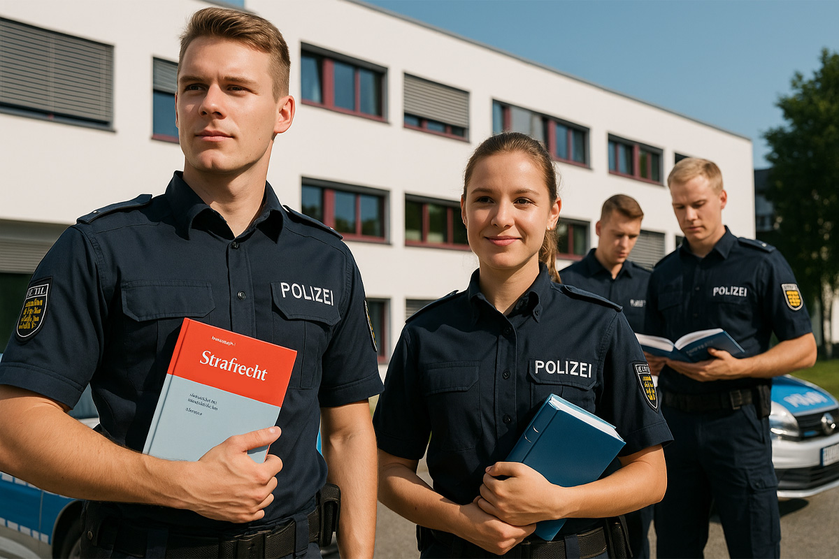 Drei Polizeischüler und eine Polizeischülerin in Uniform stehen mit Gesetzbüchern vor einem modernen Gebäude mit weißen Fassaden und roten Fensterrahmen. Im Hintergrund ist ein Polizeiauto zu sehen. Zwei der Schüler lesen in ihren Büchern, die anderen zwei stehen weiter vorne und schauen in die Ferne.