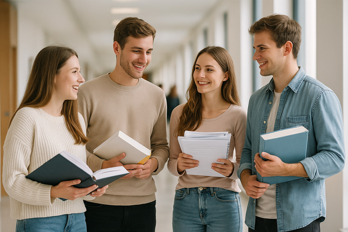 Vier Studenten, zwei Frauen und zwei Männer, stehen in einem hellen Flur eines Gebäudes, unterhalten sich und halten Bücher und Unterlagen in den Händen. Sie lächeln einander an.