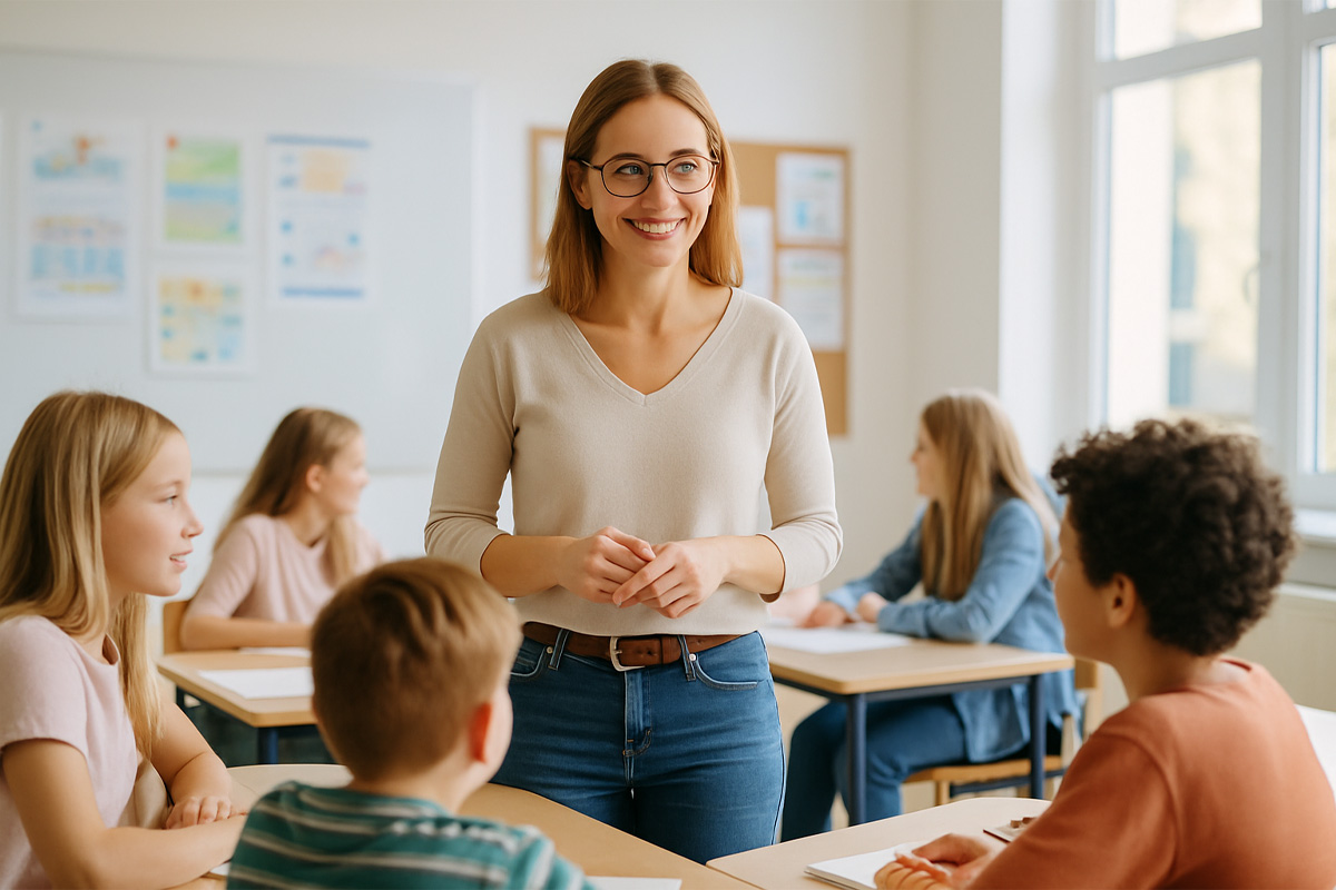 Eine junge Lehrerin steht lächelnd vor ihrer Klasse und unterrichtet. Um sie herum sitzen mehrere Grundschulkinder an Tischen und hören zu. Der helle Klassenraum ist mit großen Fenstern und an den Wänden aufgehängten Lernpostern ausgestattet.