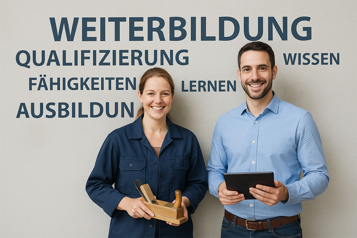 Zwei lächelnde Personen stehen nebeneinander vor einer Wand wo drauf steht „Weiterbildung“, „Qualifizierung“, „Fähigkeiten“, „Lernen“, „Wissen“ und „Ausbildung“. Die Frau trägt Arbeitskleidung und hält einen Holzhobel in der Hand, der Mann trägt ein hellblaues Hemd und hält ein Tablet.