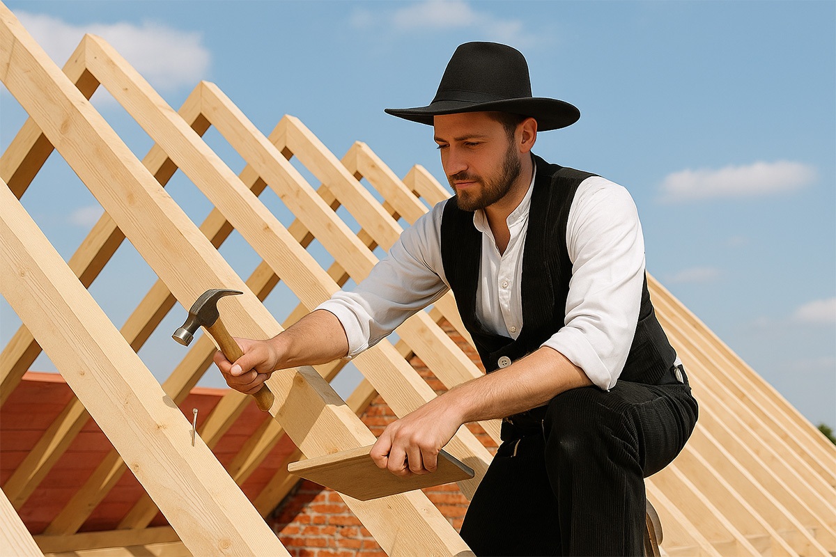 Ein Zimmermann in traditioneller Handwerkerkleidung mit schwarzem Hut schlägt mit einem Hammer einen Nagel in eine hölzerne Dachkonstruktion. Er kniet auf dem Dachstuhl und hält in der anderen Hand ein Holzbrett. Der Himmel ist blau mit wenigen Wolken.