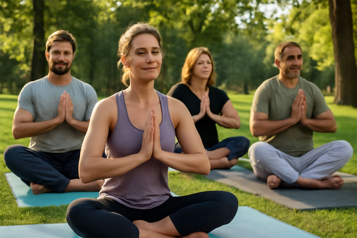 Auf dem Bild sitzen vier Erwachsene auf Yogamatten im Freien in einer grünen Parklandschaft. Sie befinden sich in einer meditativen Haltung mit geschlossenen Augen oder sanftem Lächeln und den Händen vor der Brust gefaltet. Die Sonne scheint durch das Blätterdach der Bäume, was eine friedliche und entspannte Atmosphäre schafft. Die Szene strahlt Ruhe, Achtsamkeit und Gemeinschaft beim Yoga oder einer Meditationspraxis im Einklang mit der Natur aus.