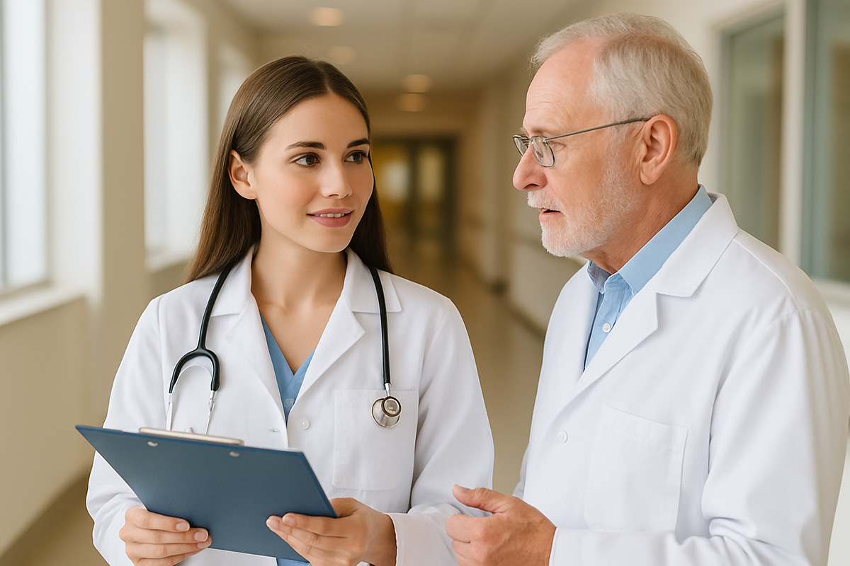 Eine junge Ärztin mit Stethoskop spricht im Krankenhausflur mit einem älteren Arzt. Sie hat lange braune Haare, der Arzt hat kurze graue Haare und eine Brille. Sie hält ein Klemmbrett in den Händen und beide tragen weiße Kittel. Im Hintergrund sind Flure mit Fenstern und weißen Wänden zu sehen.