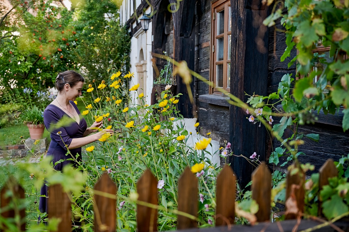 Eine Frau steht hinter einem niedrigen Holzzaun in einem Garten und betrachtet gelbe Blumen. Sie befindet sich neben einem Fachwerkhaus mit dunklem Holz und weißen Wänden. Vor dem Haus wachsen verschiedene Pflanzen. Im Hintergrund ist ein Baum mit roten Früchten zu sehen. Der Garten ist dicht bepflanzt, im Vordergrund ragen Blätter ins Bild.