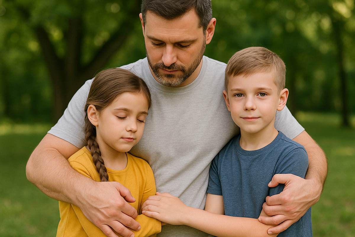 Ein Mann steht in einem Park und hält zwei Kinder schützend im Arm. Das Mädchen auf seiner linken Seite trägt ein senfgelbes Oberteil, hat die Augen geschlossen und lehnt sich an ihn. Der Junge auf seiner rechten Seite trägt ein blaues T-Shirt und blickt ruhig in die Kamera. Die drei Personen stehen eng beieinander vor einem Hintergrund aus grünen Bäumen und Rasen.