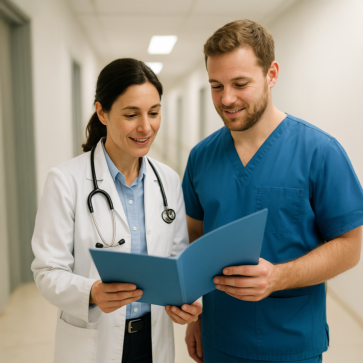 Das Bild zeigt eine freundliche Szene in einem hell beleuchteten Krankenhausflur. Im Vordergrund stehen eine Ärztin und ein Pfleger, die gemeinsam in eine blaue Patientenakte blicken und sich offenbar über den Fall austauschen. Die Ärztin trägt einen weißen Kittel und hat ein Stethoskop um den Hals, während der Pfleger in blauer Kasackkleidung zu sehen ist. Beide lächeln leicht und wirken konzentriert und engagiert. Der Flur im Hintergrund verläuft in die Unschärfe, was die beiden medizinischen Fachkräfte optisch in den Mittelpunkt rückt. Die Gesamtstimmung des Bildes ist ruhig, professionell und positiv.