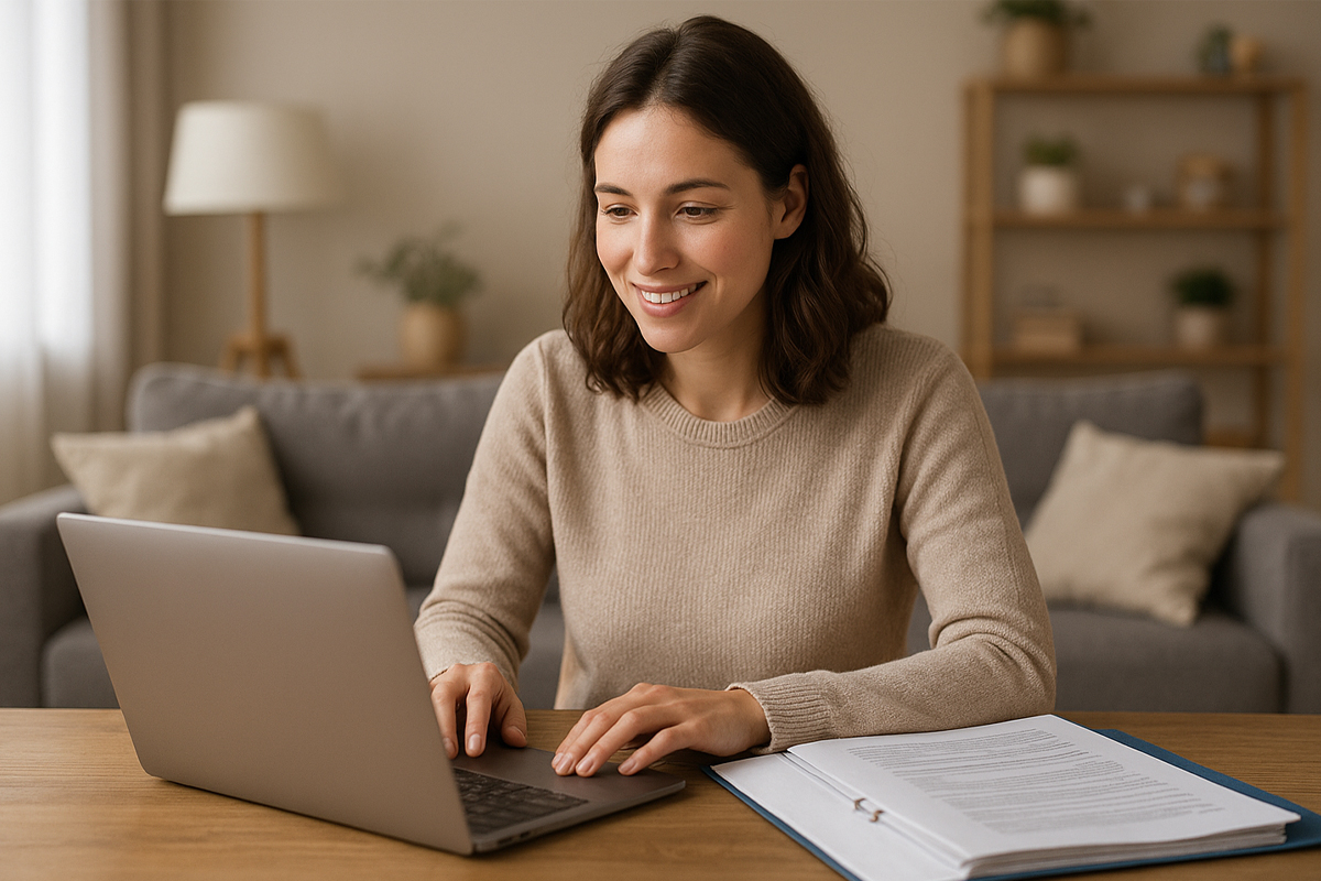 Eine Frau mit schulterlangem braunem Haar sitzt an einem Tisch und blickt auf einen geöffneten Laptop. Sie trägt einen beigen Pullover und hat beide Hände auf der Tastatur. Neben dem Laptop liegt ein aufgeschlagener Ordner mit Dokumenten. Im Hintergrund stehen ein graues Sofa mit Kissen, eine Stehlampe, Pflanzen und ein Regal.