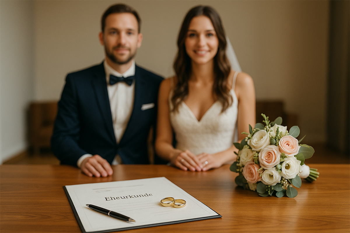 Ein Paar in Hochzeitskleidung sitzt an einem Tisch. Im Vordergrund liegen ein Dokument mit der Aufschrift „Eheurkunde“, zwei goldene Ringe und ein Stift. Rechts daneben befindet sich ein Brautstrauß mit weißen und rosafarbenen Rosen.