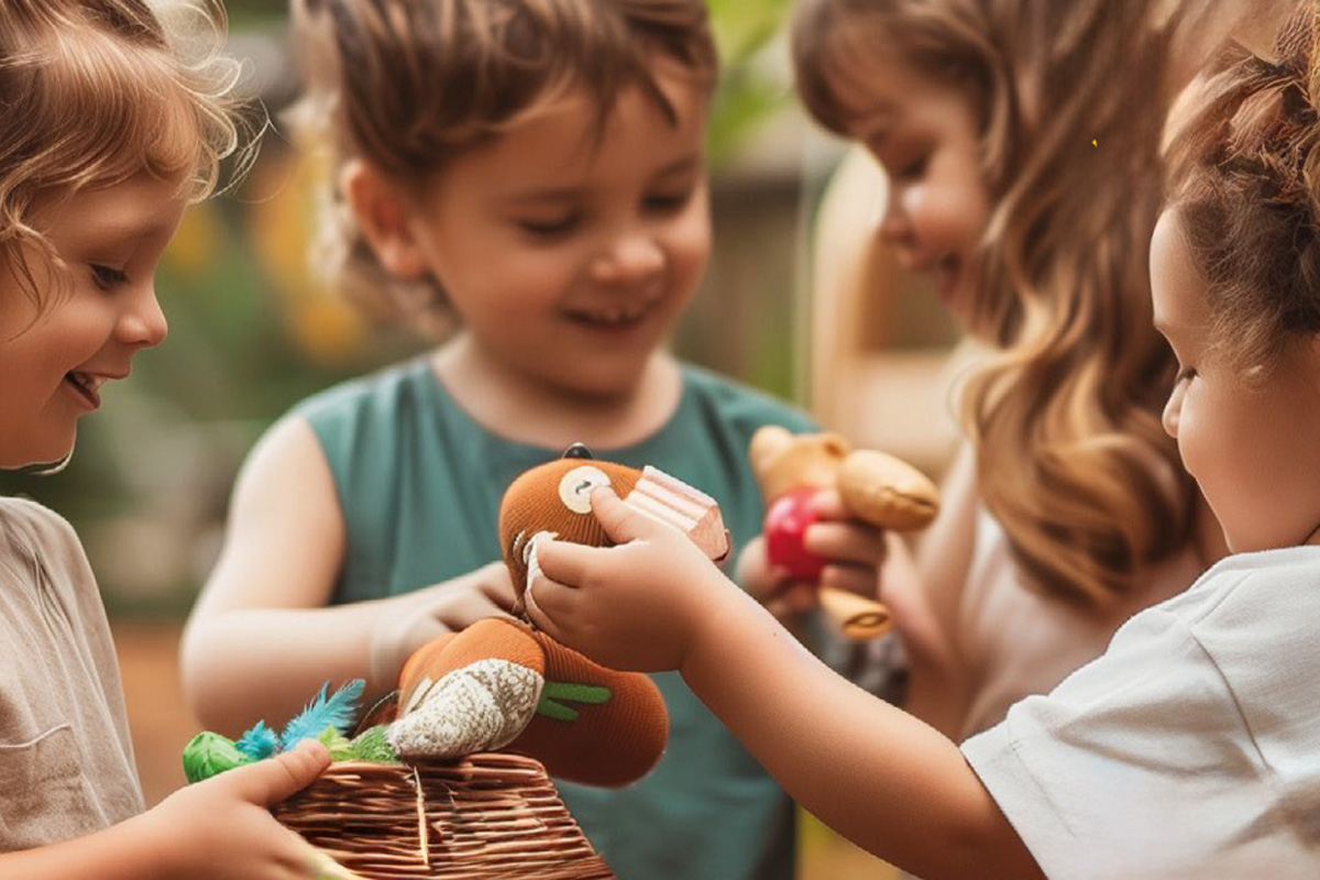 Das Bild zeigt vier Kinder, die sich gemeinsam mit kleinen Spielzeugen beschäftigen. Sie stehen dicht beieinander und wirken fröhlich. Zwei der Kinder halten bunte Stofftiere in den Händen, während ein weiteres Kind einen kleinen Weidenkorb mit weiteren Spielgegenständen darin trägt.