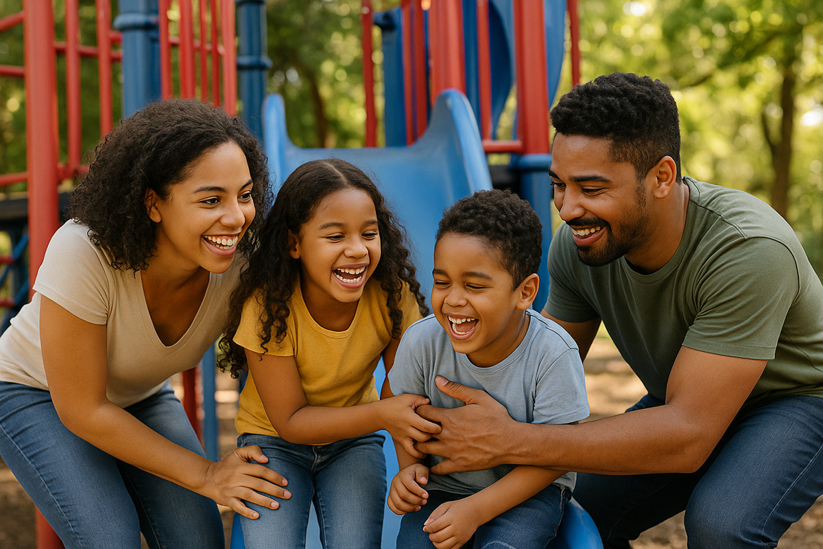 Das Bild zeigt eine vierköpfige Familie auf einem Spielplatz. Die Eltern knien sich links und rechts neben ihre zwei Kinder. Alle lachen ausgelassen und schauen sich gegenseitig an. Im Hintergrund sind eine Rutsche und Teile eines Klettergerüsts in Rot und Blau sowie grüne Bäume zu sehen.