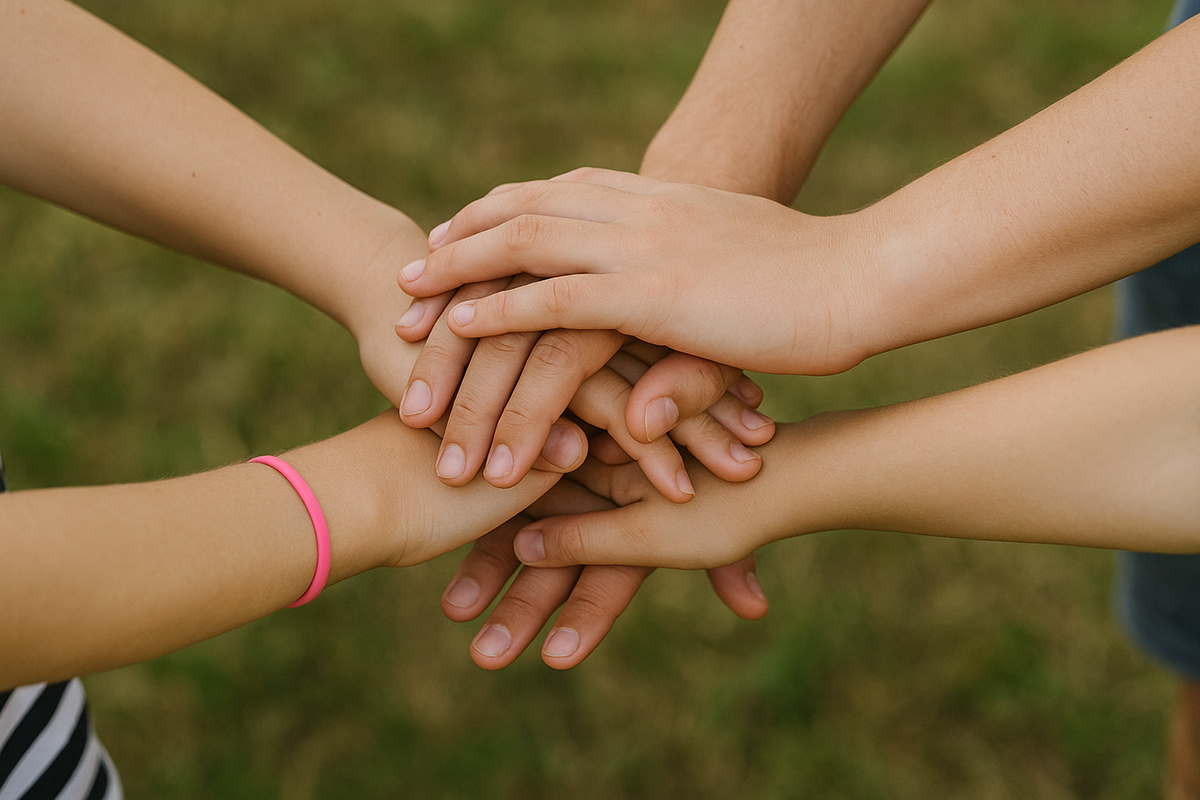 Mehrere Kinder legen ihre Hände übereinander. Die Szene spielt sich im Freien auf einer Wiese ab. Eine der Hände trägt ein pinkes Armband.