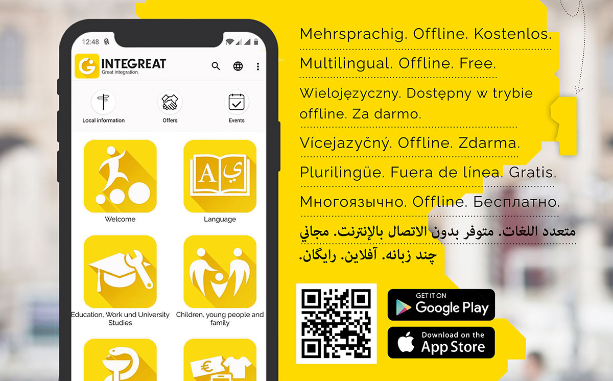 Werbeplakat für die Integreat-App im Landkreis Görlitz. Oben das Integreat-Logo mit dem Slogan ‚Great Integration‘. Darunter der Titel: ‚Ankommen und Leben im Landkreis Görlitz mit der Integreat-App‘. Die App ist mehrsprachig, offline nutzbar und kostenlos. Ein Smartphone mit Icons für verschiedene Lebensbereiche wie Arbeit, Wohnen und Bildung ist abgebildet. Ein grüner Button mit der Aufschrift ‚Jetzt downloaden‘ fordert zum Herunterladen auf. Das Bild verlinkt direkt zur Integreat-App.