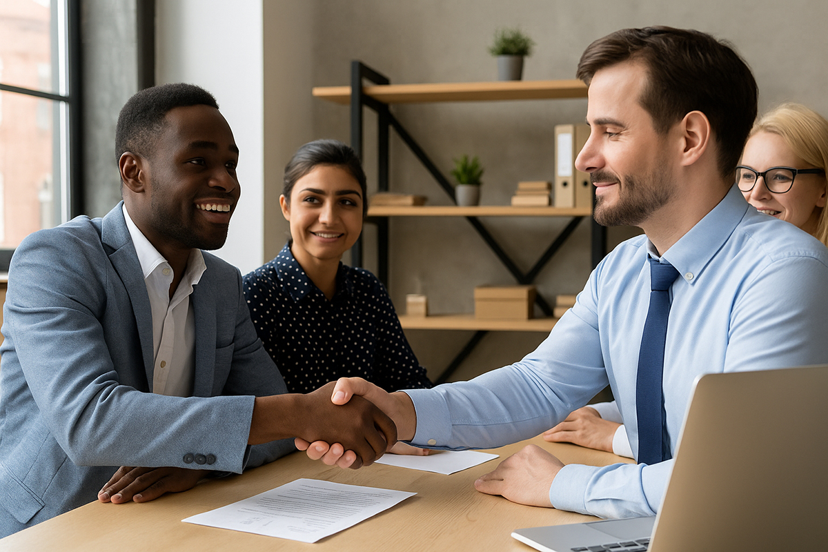 Das Bild zeigt eine moderne, freundliche Büroszene mit vier berufstätigen Personen unterschiedlicher Herkunft, die in einem professionellen Gespräch miteinander interagieren. Im Vordergrund geben sich ein dunkelhäutiger Mann im blauen Sakko und ein weißer Mann im hellblauen Hemd mit Krawatte die Hand – beide lächeln, was auf eine gelungene Einigung oder Begrüßung hindeutet. Im Hintergrund beobachten eine Frau mit dunklen Haaren im gepunkteten Blusenhemd und eine blonde Frau mit Brille das Geschehen zustimmend. Auf dem Tisch liegen Dokumente und ein Laptop, im Hintergrund ist ein Regal mit Pflanzen und Büromaterial zu sehen. Das helle Tageslicht schafft eine offene, einladende Atmosphäre.