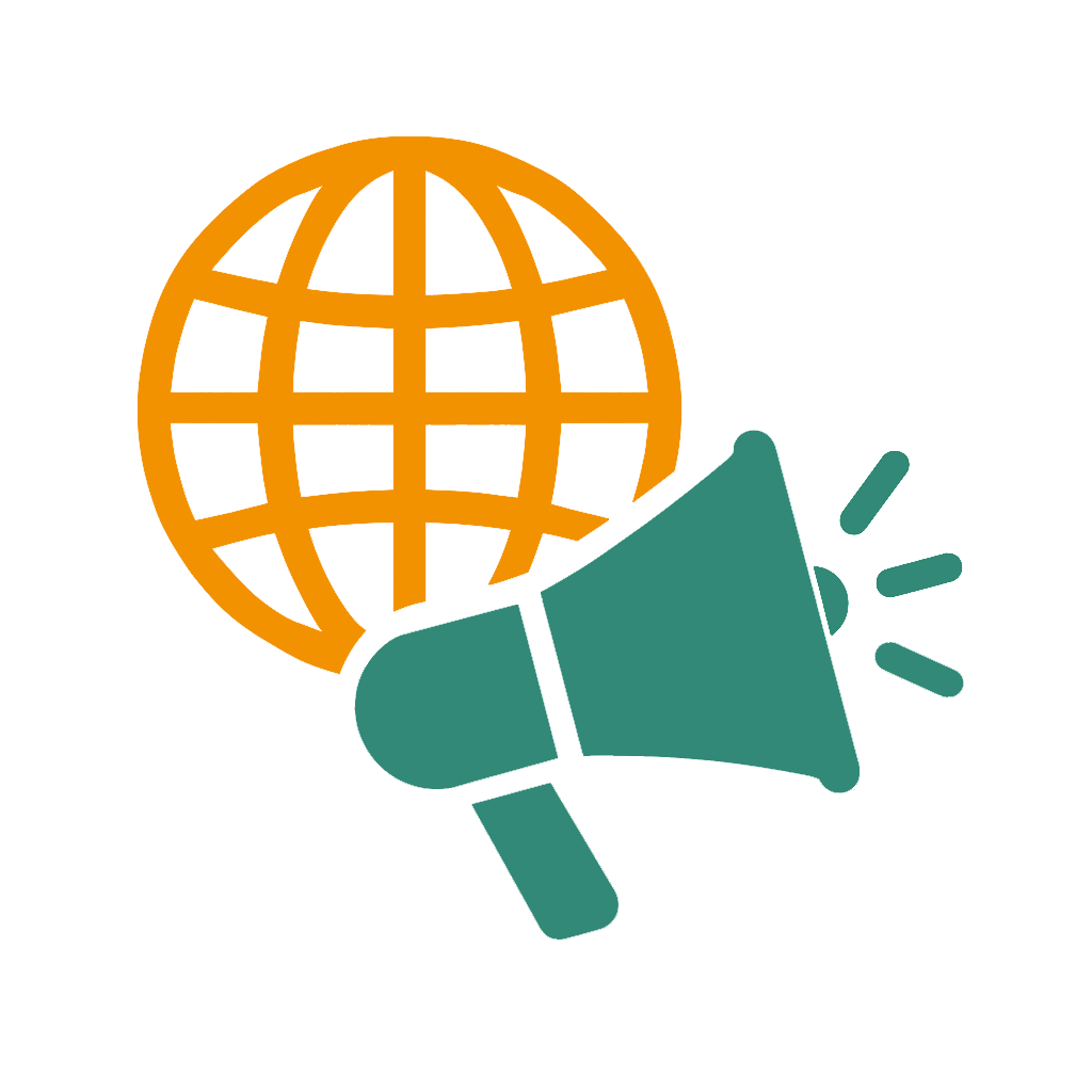 Die Grafik zeigt ein stilisiertes Symbol für gezielte Kommunikation oder Öffentlichkeitsarbeit mit globaler Reichweite. Links ist eine orangefarbene Weltkugel dargestellt, die für das globale Netzwerk oder Internet steht. Davor befindet sich ein grünes Megafon mit Schallwellen, das Symbol für Ankündigungen, Marketing oder gezielte Informationsverbreitung. Die Kombination der Elemente vermittelt den Eindruck von strategischer Kommunikation auf internationaler Ebene – etwa im Kontext von Online-Marketing, globaler Reichweite oder digitaler Öffentlichkeitsarbeit.