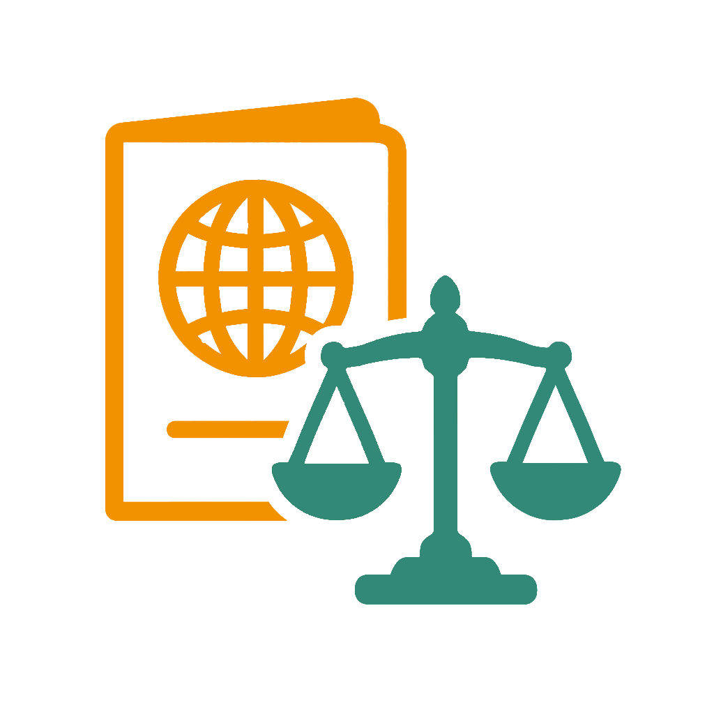 Die Grafik symbolisiert rechtliche Rahmenbedingungen im internationalen Kontext. Im Hintergrund ist ein stilisiertes orangefarbenes Dokument mit einem Globus-Symbol abgebildet, das für globale Themen oder internationale Dokumente (z. B. Reisepass, Abkommen) steht. Davor befindet sich eine klassische grüne Justitia-Waage, die Recht und Gerechtigkeit verkörpert. Die Kombination der Symbole steht sinnbildlich für internationale Gesetzgebung, rechtliche Standards oder die Einhaltung gesetzlicher Vorgaben im globalen Kontext.