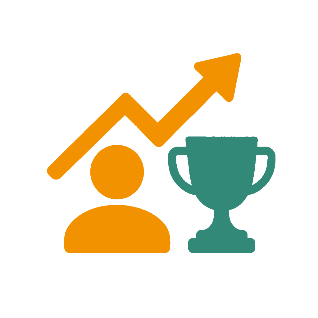 Die Grafik symbolisiert persönliche Entwicklung und Erfolgsperspektiven. Ein stilisierter orangefarbener Mensch steht im Vordergrund, darüber verläuft eine aufsteigende Linie mit Pfeil – ein typisches Symbol für Wachstum oder Fortschritt. Daneben befindet sich ein grüner Pokal, der für Leistung, Zielerreichung oder Anerkennung steht. Die Bildsprache vermittelt das Thema Karriere, individuelle Perspektiven oder Motivation zur Weiterentwicklung.