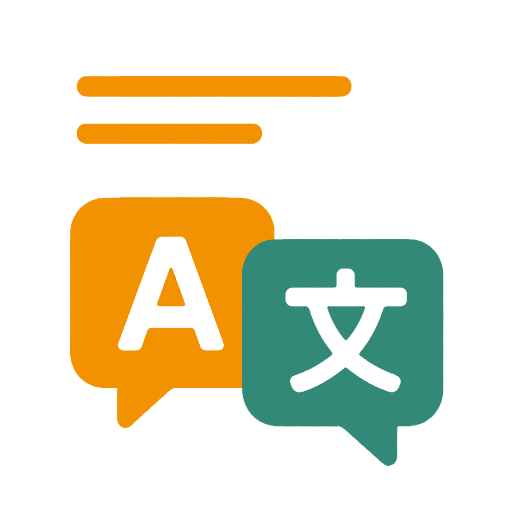 Die Grafik symbolisiert Mehrsprachigkeit oder Übersetzungsdienste. Zwei Sprechblasen stehen im Mittelpunkt: eine orangefarbene mit einem lateinischen Buchstaben „A“ und eine grüne mit einem asiatischen Schriftzeichen. Darüber befinden sich zwei orangefarbene Linien, die als stilisierte Textzeilen interpretiert werden können. Das Bild steht sinnbildlich für sprachliche Vielfalt, interkulturelle Kommunikation oder das Angebot von Inhalten in mehreren Sprachen.