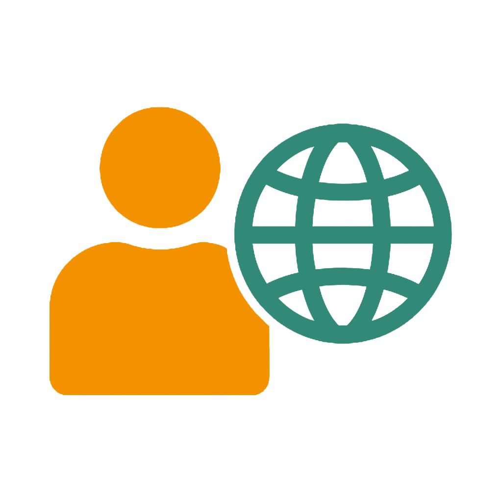 Die Grafik steht symbolisch für interkulturelle Aspekte oder globale Vernetzung. Links ist eine stilisierte orangefarbene Person dargestellt, rechts daneben eine grüne Weltkugel. Die Bildsprache vermittelt den Gedanken von kultureller Vielfalt, internationalem Austausch oder globaler Identität. Sie eignet sich besonders für Themen wie Integration, Migration, Diversity oder internationale Zusammenarbeit.