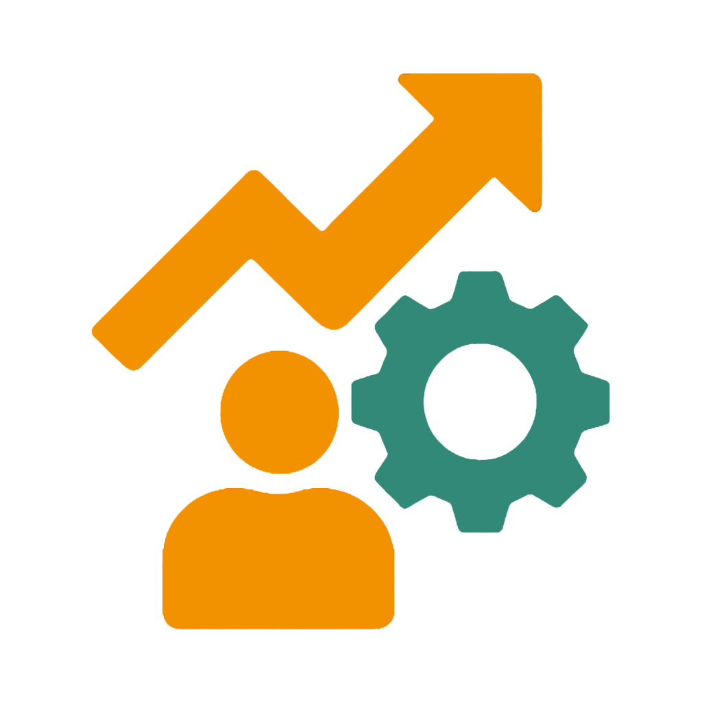 Die Grafik steht sinnbildlich für Karriere und Weiterbildung. Zu sehen ist eine orangefarbene Person, über der eine aufsteigende Linie mit Pfeil verläuft – ein Symbol für Wachstum und beruflichen Fortschritt. Daneben befindet sich ein grünes Zahnrad, das für Entwicklung, Lernen und Kompetenzaufbau steht. Die Bildsprache vermittelt Themen wie berufliche Qualifizierung, Aufstiegschancen oder lebenslanges Lernen.