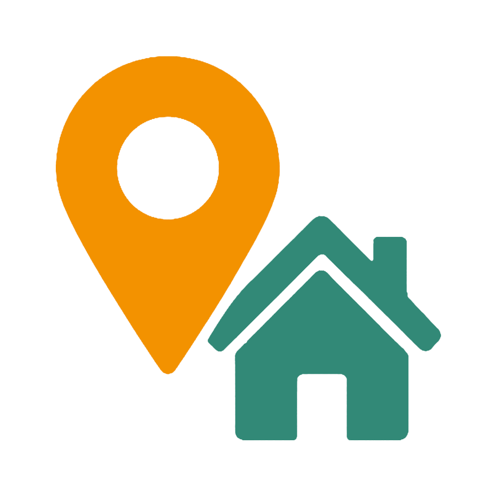 Die Grafik symbolisiert Standort- und Umzugshilfe. Links ist eine orangefarbene Standortmarkierung (Pin) dargestellt, rechts daneben ein grünes Haus. Die Kombination deutet darauf hin, dass es um Themen wie Wohnortwechsel, Orientierung am neuen Ort oder Unterstützung bei der Wohnungssuche geht. Die Bildsprache steht für Hilfestellung beim Ankommen in einer neuen Umgebung – etwa im Kontext von Migration, Integration oder beruflich bedingtem Umzug.