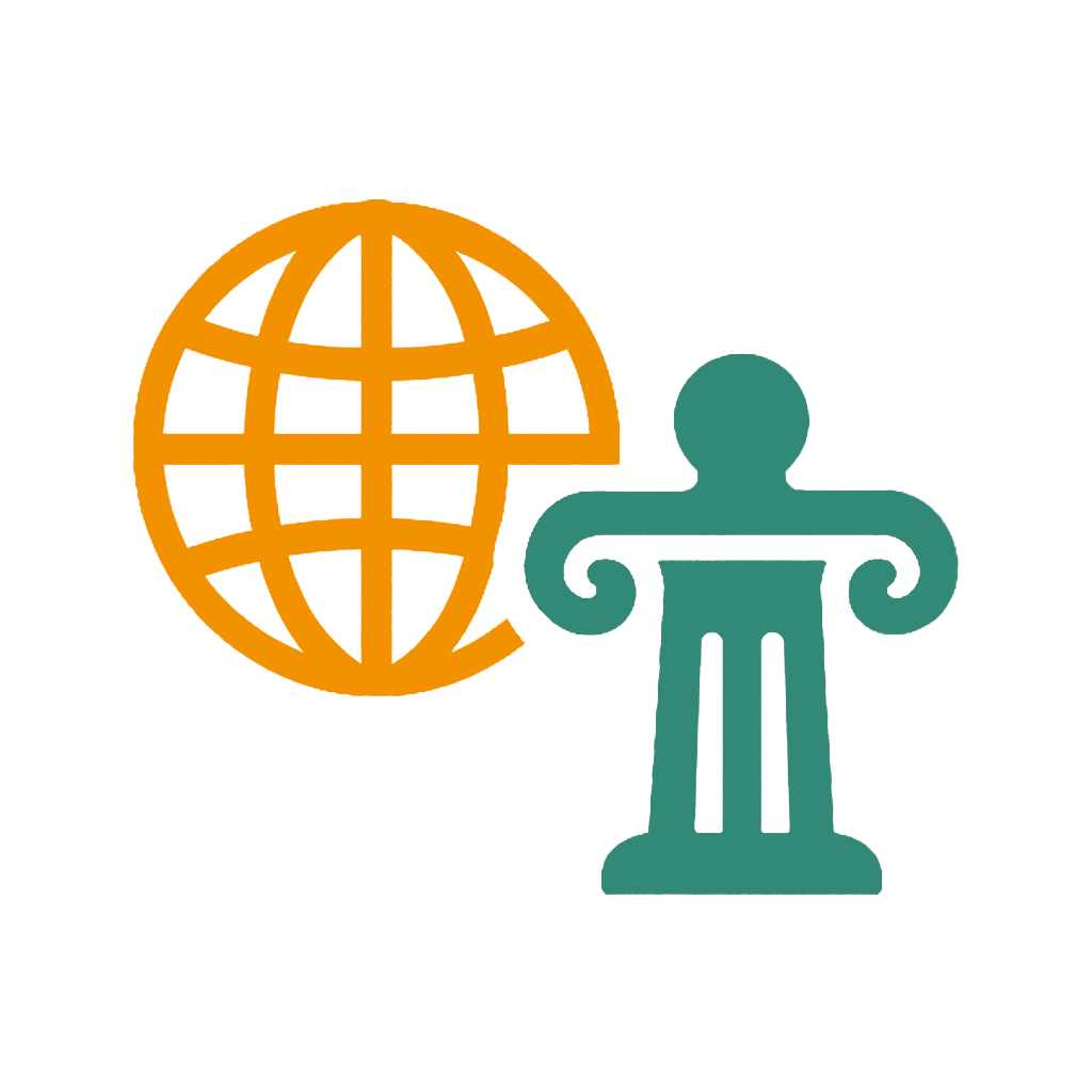 Die Grafik symbolisiert kulturelle Unterschiede und kulturelles Verständnis im globalen Kontext. Links ist eine orangefarbene Weltkugel dargestellt – ein Zeichen für internationale Vielfalt. Rechts daneben steht eine stilisierte grüne Säule mit Personensilhouette, die an klassische Kultur- oder Bildungseinrichtungen erinnert. Die Bildsprache vermittelt Themen wie interkulturelle Kompetenz, kulturelles Erbe oder den Austausch zwischen unterschiedlichen Gesellschaften.