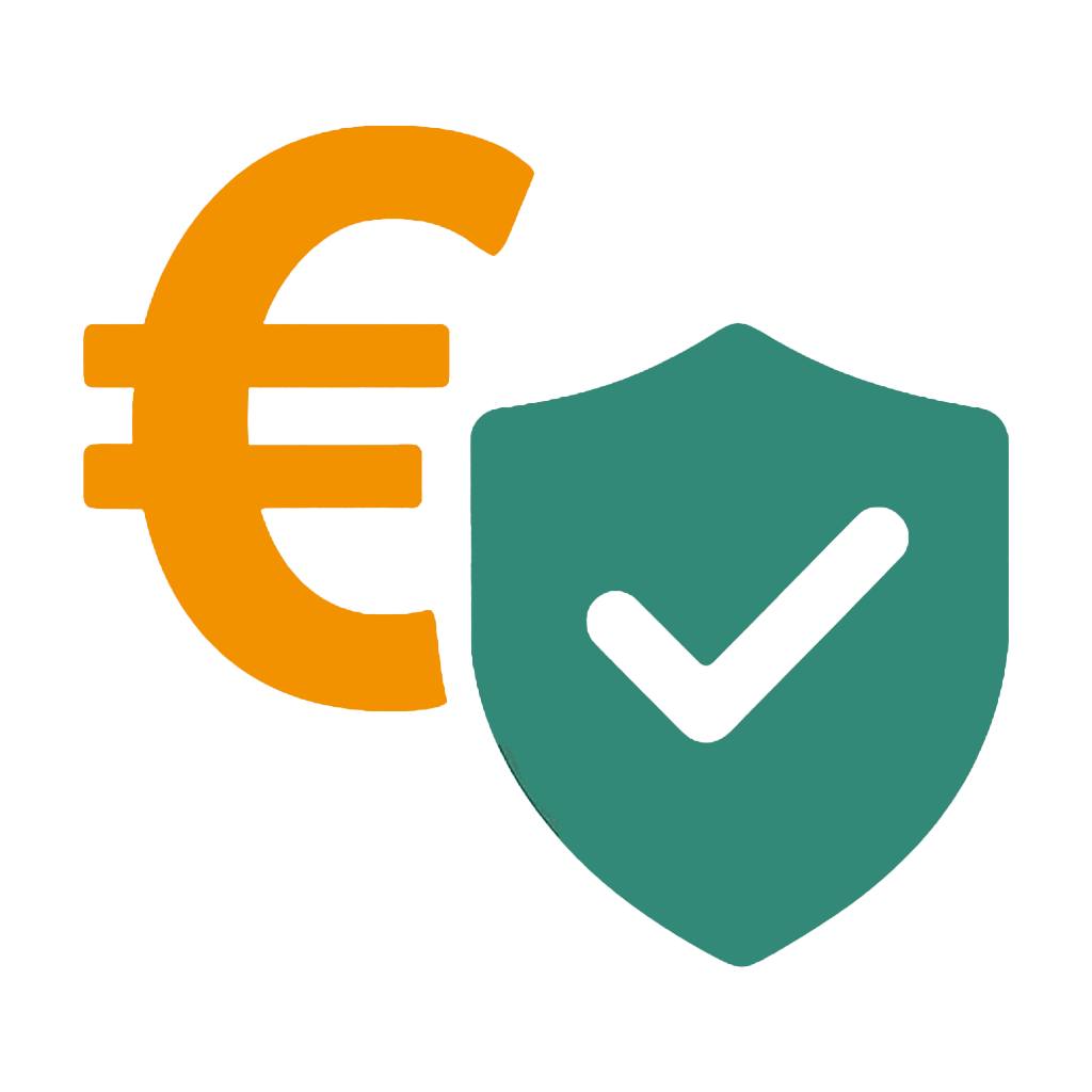 Die Grafik symbolisiert Gehalt und Zusatzleistungen. Links ist ein orangefarbenes Eurozeichen abgebildet, das für finanzielle Aspekte wie Lohn oder Vergütung steht. Rechts daneben befindet sich ein grünes Schutzschild mit einem weißen Häkchen – ein typisches Symbol für Sicherheit, Zusatzleistungen oder Benefits. Die Bildsprache vermittelt die Themen finanzielle Absicherung, faire Bezahlung sowie ergänzende Leistungen wie Versicherungen oder betriebliche Vorsorge.