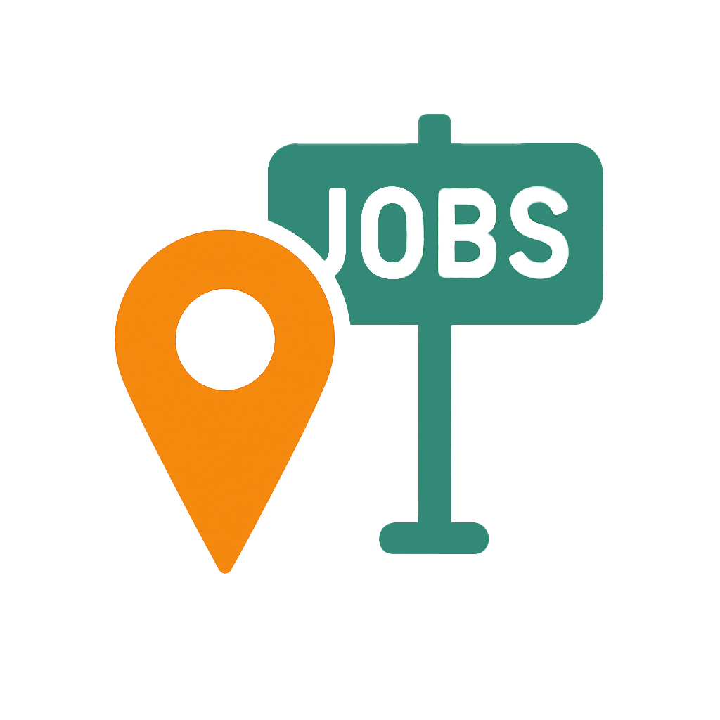 Das quadratische Symbolbild zeigt ein stilisiertes Icon auf weißem Hintergrund, das sich auf das Thema Jobbörsen bezieht. Links im Bild befindet sich ein orangefarbener Standort-Pin, wie man ihn von digitalen Karten kennt. Rechts daneben steht ein grünes Schild mit dem weißen Schriftzug „JOBS“. Das Schild ist rechteckig mit abgerundeten Ecken und steht auf einem schlichten Pfosten. Die Farbkombination aus Orange und Grün sorgt für eine klare, moderne und kontrastreiche Darstellung. Das Bild wirkt freundlich und funktional – ideal geeignet zur Visualisierung regionaler Stellenangebote oder Karriereportale.