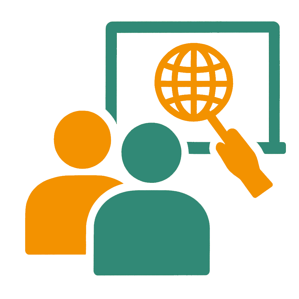 Zwei stilisierte Personen vor einem Bildschirm mit Weltkugel und Zeigestab symbolisieren Schulungen und interkulturelle Sensibilisierung. Die Grafik steht für Wissensvermittlung und globale Kompetenzförderung.