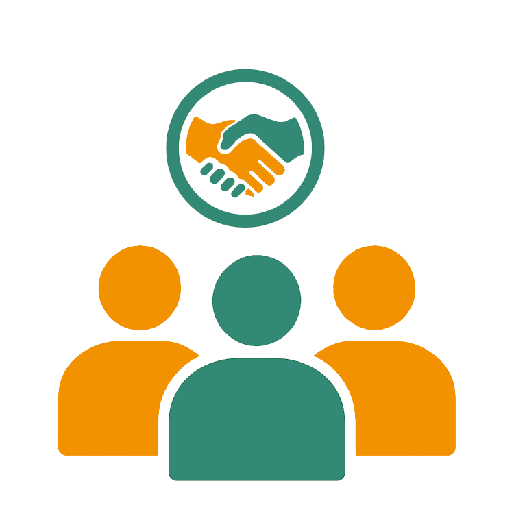 Drei stilisierte Personen mit einem Symbol für Händeschütteln darüber stehen für eine offene und inklusive Unternehmenskultur. Das Bild vermittelt Zusammenarbeit, Vielfalt und gegenseitigen Respekt im Team.