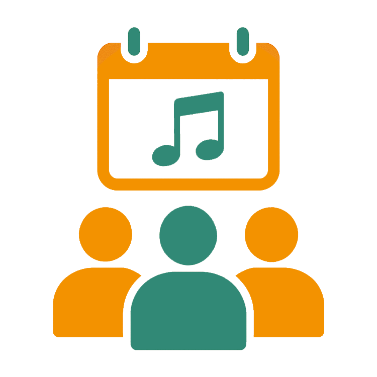 Drei stilisierte Personen mit einem Kalender-Symbol und Musiknote darüber stehen für kulturelle Veranstaltungen und Teamevents. Das Bild symbolisiert gemeinschaftliche Aktivitäten zur Förderung des Zusammenhalts im Team.