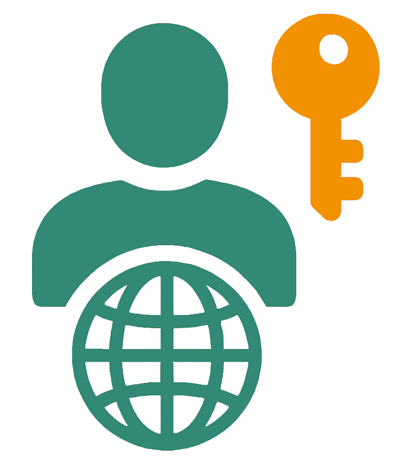 Ein Mensch mit Weltkugel und Schlüssel symbolisiert globale Schlüsselqualifikationen. Das Icon steht für interkulturelle Kompetenz, Zugang zu internationalem Wissen und die Bedeutung zentraler Fähigkeiten im globalen Arbeitsumfeld.