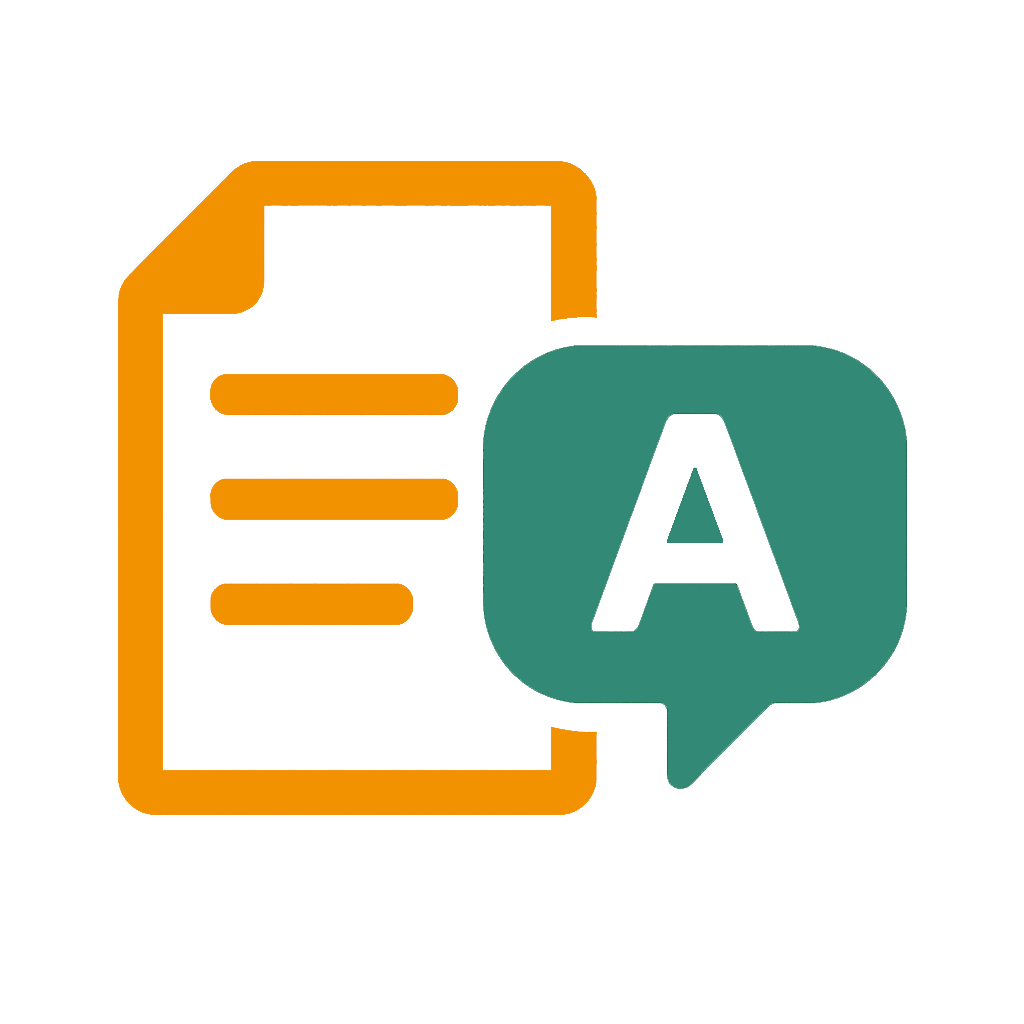 Ein Dokument mit Sprechblase und Buchstabe A symbolisiert die sprachliche Anpassung von Arbeitsdokumenten. Es steht für Übersetzungen, mehrsprachige Inhalte und verständliche Kommunikation im internationalen Arbeitsumfeld.