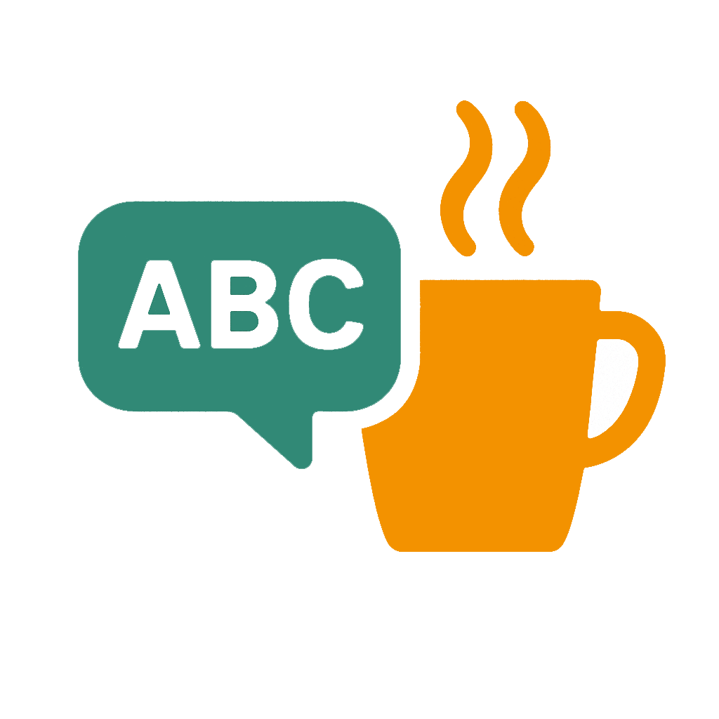 Eine Sprechblase mit „ABC“ und eine dampfende Tasse symbolisieren informelle Gespräche am Arbeitsplatz. Das Icon steht für den Austausch in entspannter Atmosphäre – förderlich für Sprachpraxis, Integration und Teamzusammenhalt.