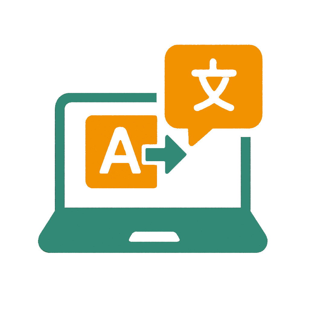 Ein Laptop zeigt ein Übersetzungsicon mit Buchstaben und einem chinesischen Schriftzeichen. Das Bild steht für digitale Sprachunterstützung am Arbeitsplatz, etwa durch Übersetzungshilfen oder Sprachtools, um die Kommunikation zu erleichtern.
