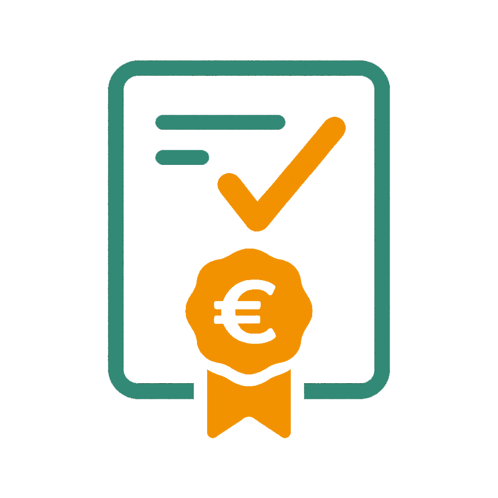 Das Bild zeigt ein Dokument mit Häkchen und einem Siegel mit Euro-Zeichen. Es symbolisiert anerkannte Sprachzertifikate und finanzierte Weiterbildungsmöglichkeiten zur Förderung sprachlicher Qualifikationen am Arbeitsplatz.
