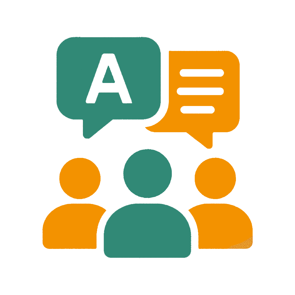 Drei Personen mit Sprechblasen, eine mit einem „A“, eine mit Textsymbol – das Bild steht für sprachlich vielfältige Teams. Es symbolisiert die Förderung von Team- und Sprachdiversität im Unternehmen für bessere Kommunikation und Zusammenarbeit.