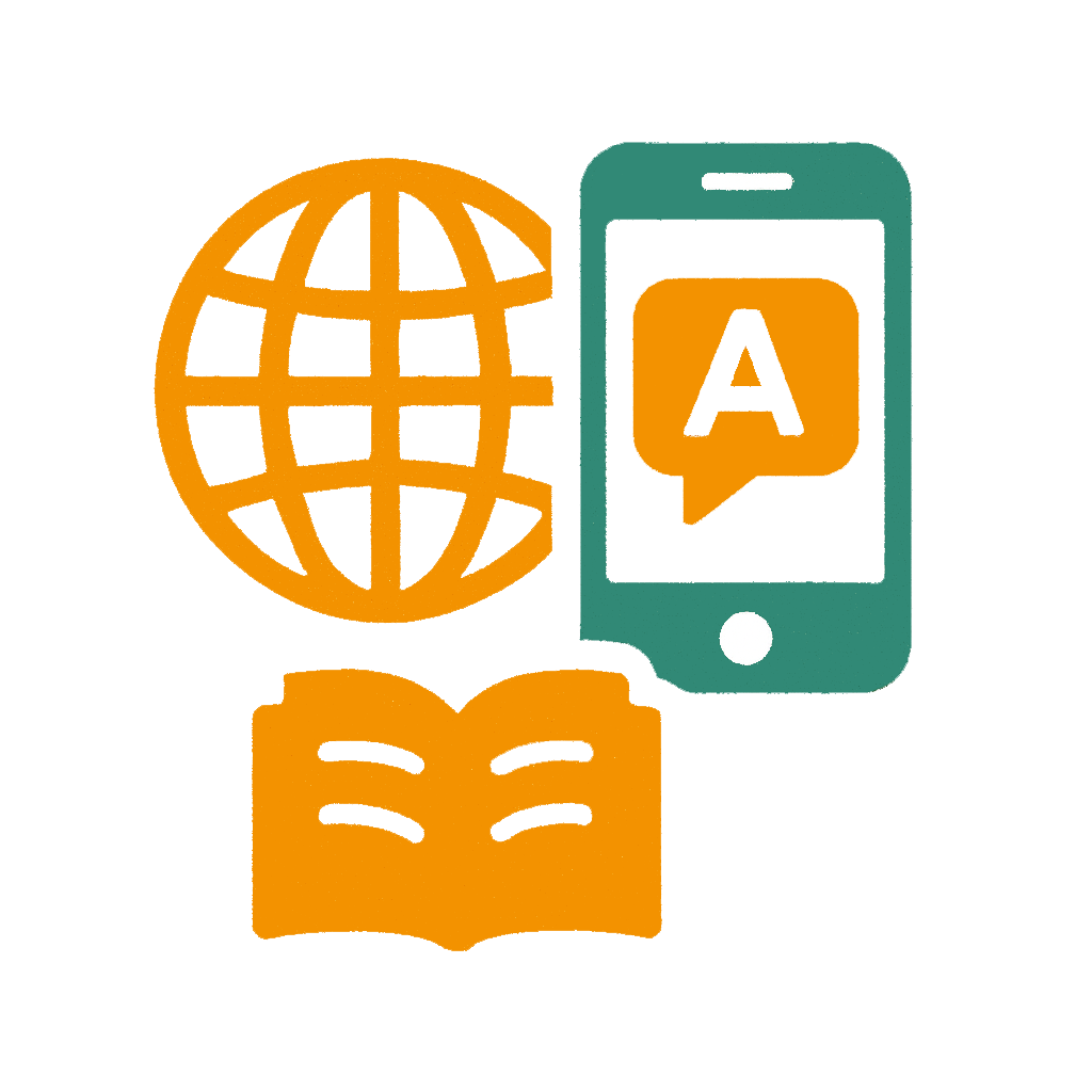 Ein Globus, ein Buch und ein Smartphone mit einem Sprachsymbol verdeutlichen die Unterstützung beim Spracherwerb. Das Bild steht für umfassende Sprachförderung durch digitale und klassische Lernmittel.